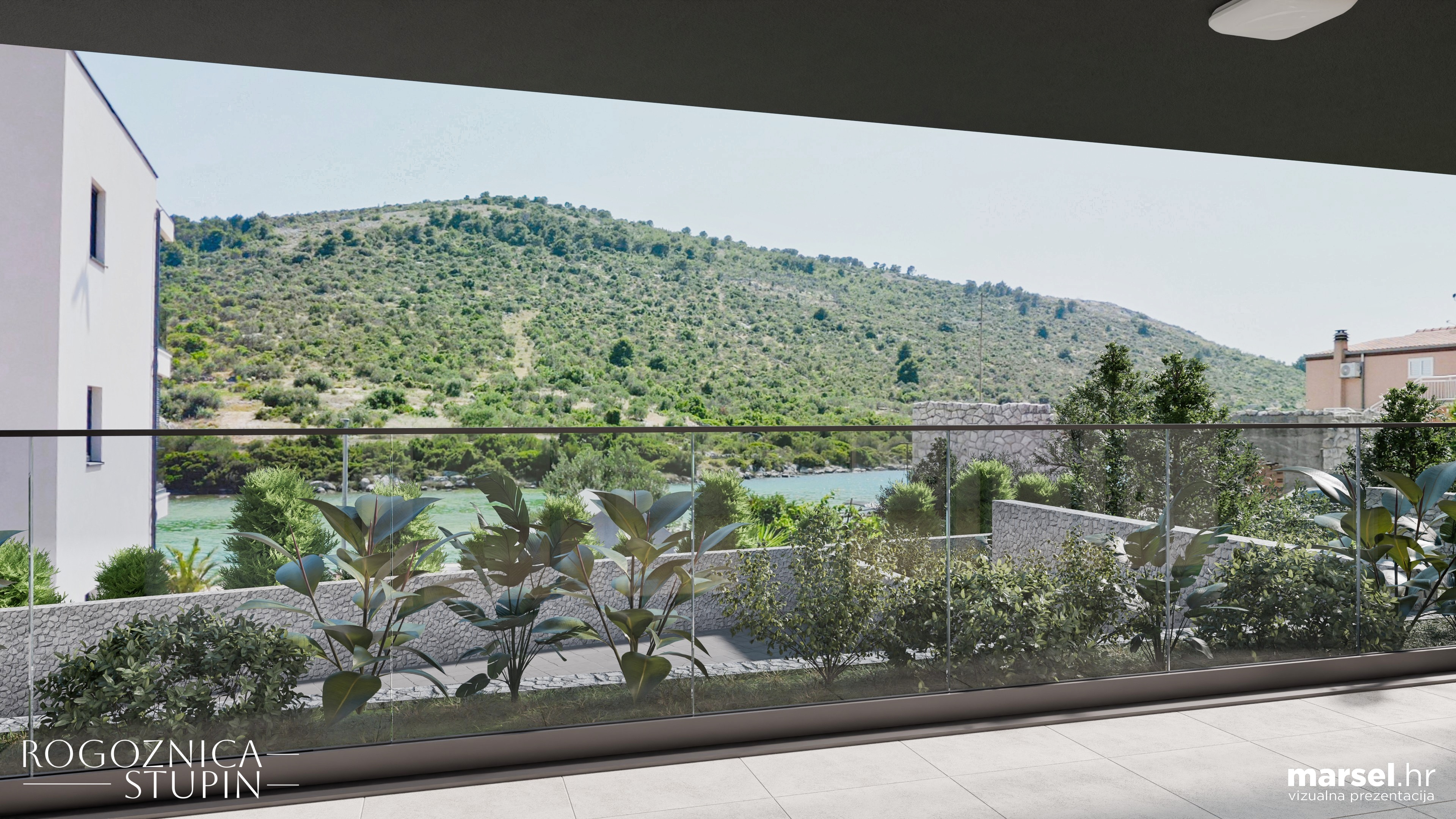 Vizualizacija interijera apartmana u novogradnji Rogoznica Stupin. Prostrani i svijetli unutarnji prostori s pogledom na more, idealni za stanovanje ili investiranje u apartman na dalmatinskoj obali.